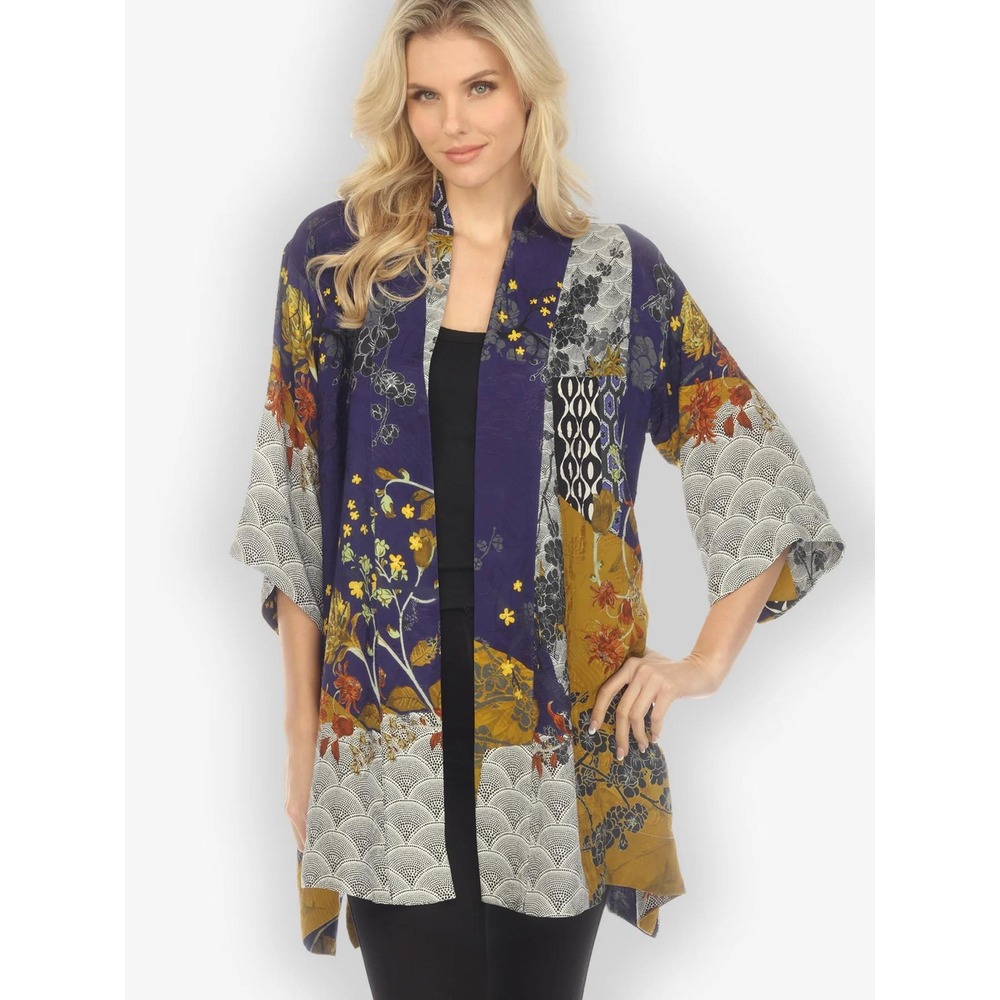 Citron Kimono Jacket XL Purple Bohemian Mixed Art Floral Open Front Silk Artsy